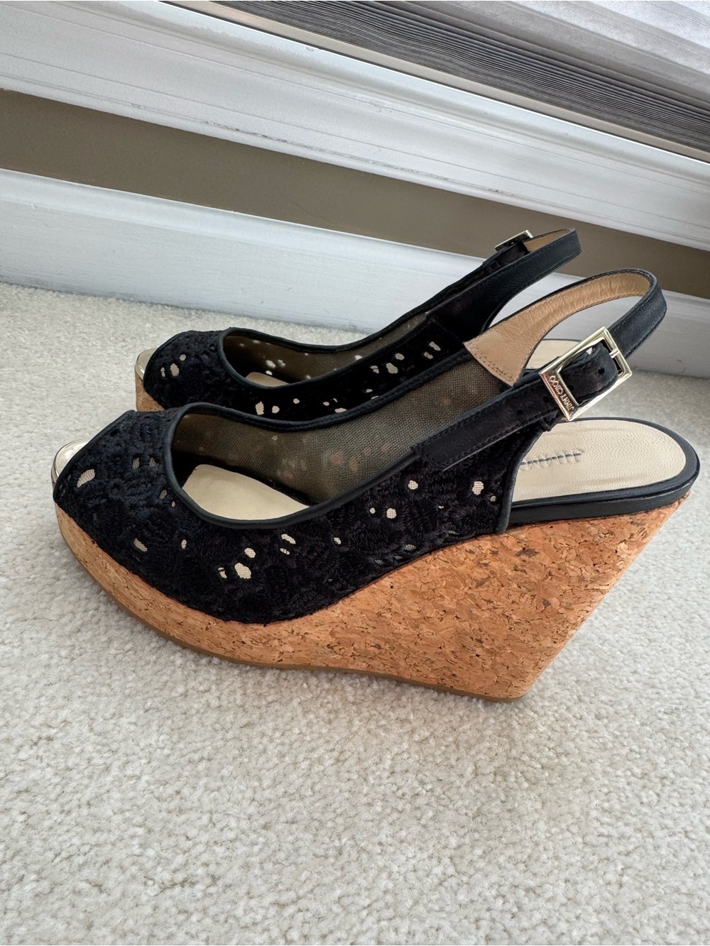 Jimmy Choo Black Lace Peep-Toe Slingback Heel Wedges with Silver Accents